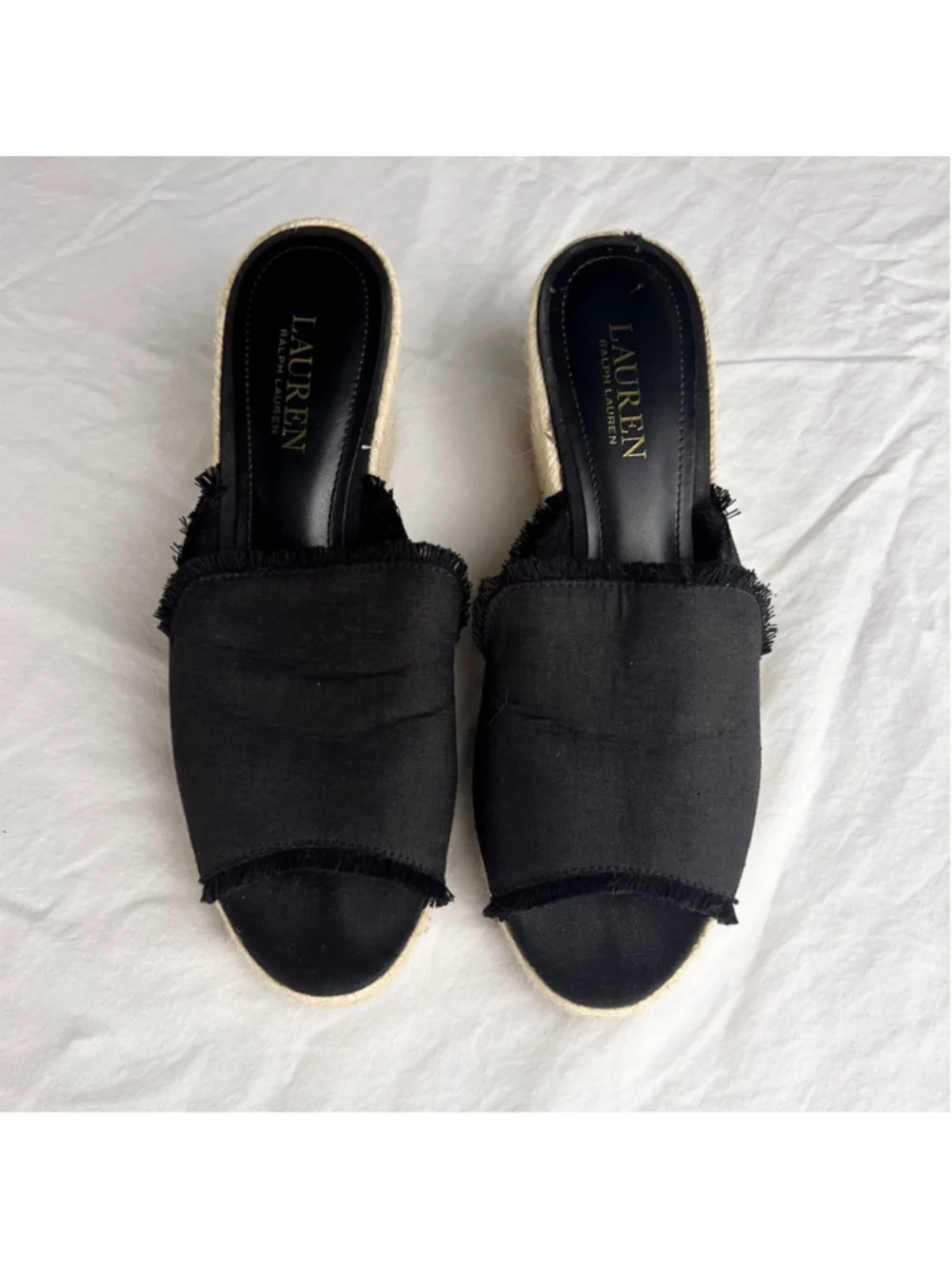 Lauren Ralph Lauren Carlynda Black Linen Wedge Espadrille Sandals Sz 9 Peep Toe